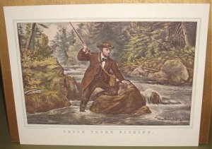 Currier & Ives Print BROOK TROUT FISHING Camp Boat