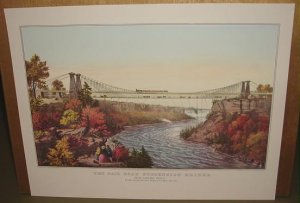 Currier & Ives Print RAIL ROAD SUSPENSION BRIDGE Train