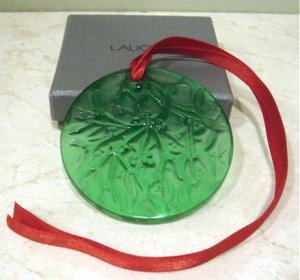 LALIQUE Green Crystal Glass Mistletoe Christmas Ornament