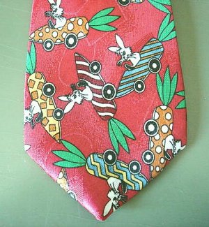 CUTEST Boy's Necktie, Red Clip, Rabbits in Carrot Cars