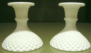 Pr. Vintage English Hobnail Milk Glass Candlesticks