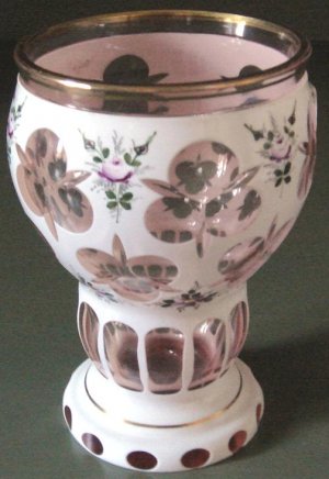 Beautiful Bohemian White Enamelled Hand Painted Vase Cut to Pink Crystal Cased Glass