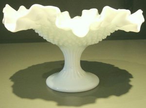 Vintage Hobnail Milk Glass Ruffled Compote Possibly Fenton