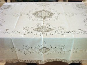 Fancy Vintage European Linen & Filet Lace HANDMADE Tablecloth, Cloth #90