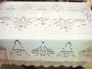 Vintage European Linen & Lace HANDMADE Tablecloth, Needlepoint & Filet Lace, Cloth #89