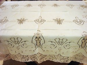 Vintage Linen & Needlepoint Lace HANDMADE Tablecloth, Cloth #87