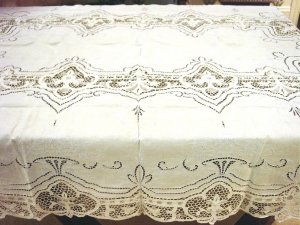 Elaborate Vintage HANDMADE Linen & Needlepoint Lace Tablecloth, Cloth #91