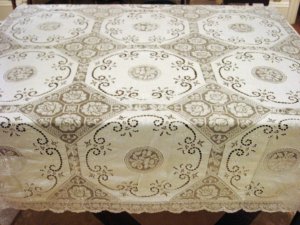Vintage Banquet Size HANDMADE Linen Cutwork, Filet Lace Tablecloth, Cloth #93