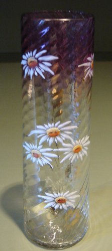 Early Tall Glass Vase Enamelled Daisy Flower Design