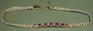 7 1/2" 14K Gold Bracelet, Rubies & Diamonds with Safety Catch