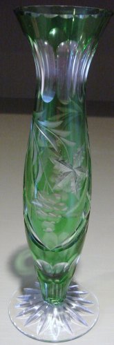 Beautiful 10" Green Cut to Clear Glass Flower Vase Possibly Bohemian
