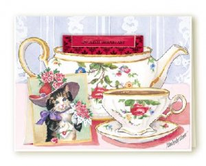 Red Hat Cat Tea Cup Greeting Card SET of 6