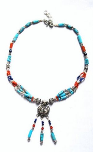 TQ006       Turquoise, Lapis Lazuli and Coral Necklace in Sterling Silver