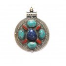 TB001       Tibetan Turquoise Coral and Lapis Lazuli Pendant