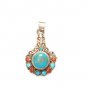 TB013       Tibetan Coral and Turquoise Pendant in Sterling Silver
