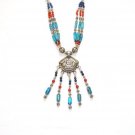Tibetan Turquoise Coral and Lapis Lazuli Necklace in Sterling Silver