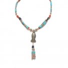 TB018       Tibetan Turquoise Coral and Lapis Lazuli Necklace in Sterling Silver