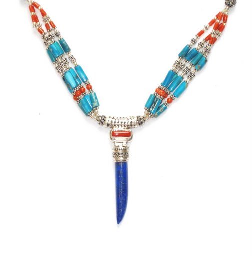 TB020 Coral, Turquoise and Lapis Lazuli Necklace in Sterling Silver