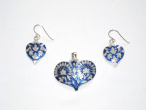 Enameled Pendant and Earrings Set in Sterling Silver