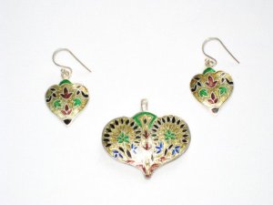 Enameled Pendant and Earrings Set in Sterling Silver
