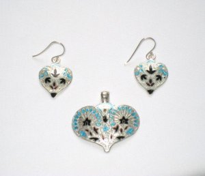 Enameled Pendant and Earrings Set in Sterling Silver