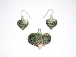 Enameled Pendant and Earrings Set in Sterling Silver