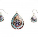 Enameled Pendant and Earrings Set in Sterling Silver