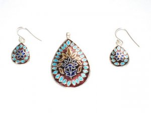 Enameled Pendant and Earrings Set in Sterling Silver