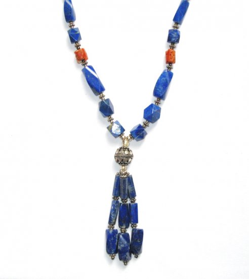 ST039 Lapis Lazuli and Coral Necklace in Sterling Silver