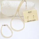 ST307  Pearl Necklace, Bracelet  and Earrings Set in Sterling Silver