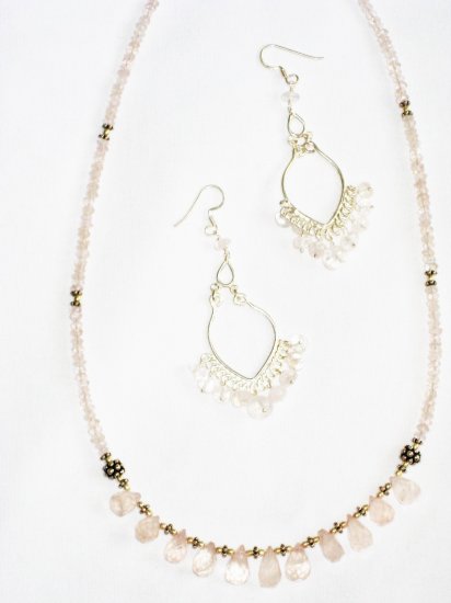 ST595 Rose Quartz Necklace, Earrings Set in Sterling Silver