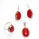 ER111 Coral Pendant, Ring and Earrings Set in Sterling Silver