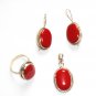ER111 Coral Pendant, Ring and Earrings Set in Sterling Silver