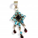 ST226       Cut Stone Mixed Stones Blue CZ, Garnet and Onyx Pendant in Sterling Silver