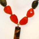 NK039       Labradorite, Carnelian Necklace with a Tiger's Eye Centerpiece.