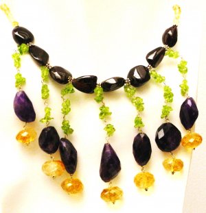 NK044       Amethsyt, Peridot, Citrine and Onyx Necklace in Sterling Silver