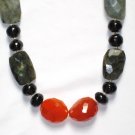 ST025       Orange Aventurine, Onyx and Labradorite Necklace in Sterling Silver
