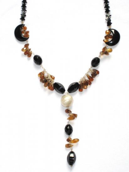 ST033 Smoky Quartz and Onyx Necklace in Sterling Silver