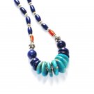 ST036       Turquoise, Lapis Lazuli and Coral Necklace in Sterling Silver"