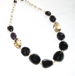 ST359       Onyx, Amethyst and Smoky Quartz Necklace in Sterling Silver