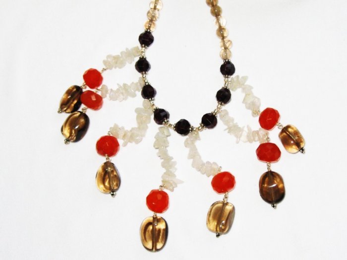 ST367 Carnelian, Moonstone and Smoky Quartz Necklace in Sterling Silver