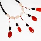 ST430       Rose Quartz, Carnelian and Onyx  Necklace in Sterling Silver