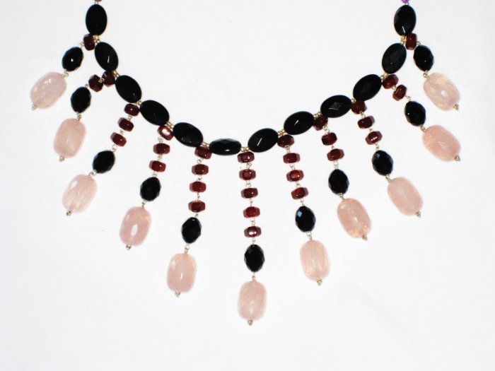 ST486 Rose Quartz, Garnet, Amethyst and Onyx Necklace in Sterling Silver