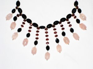ST486       Rose Quartz, Garnet, Amethyst and Onyx  Necklace in Sterling Silver