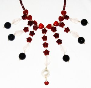 ST498       Onyx, Garnet and Rose Quartz  Necklace in Sterling Silver