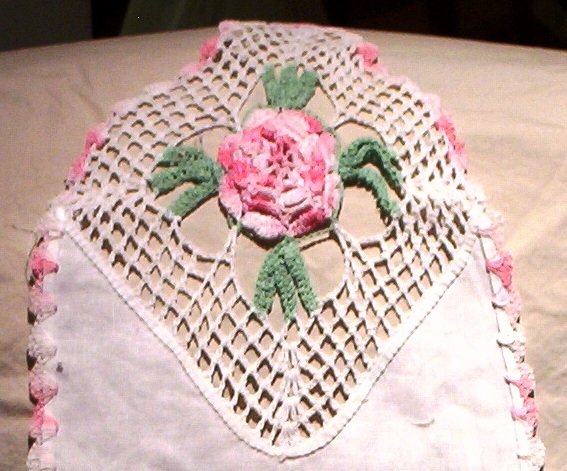 Sold Crocheted Pink Rosettes On Linen Table Runner Doily Doilie Free