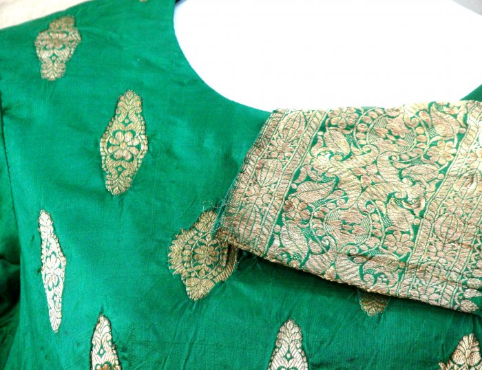 Green Silk with Gold Embroidered Sari Blouse FREE SHIPPING!