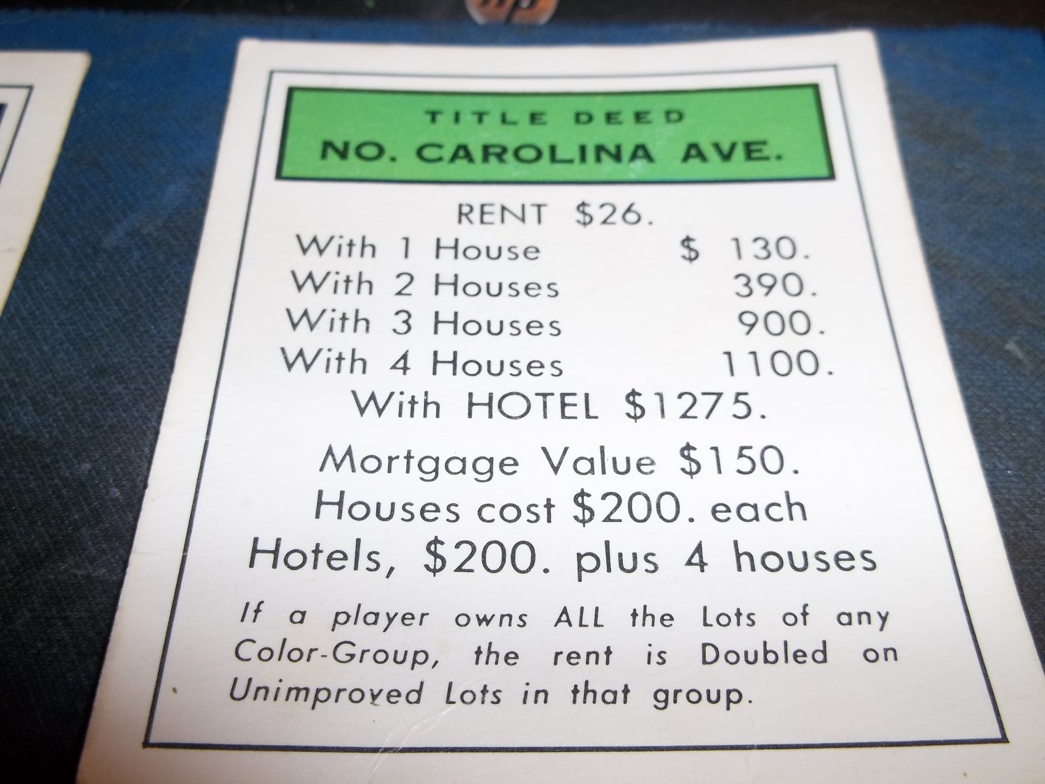 1974 Parker Brothers Monopoly Deed Card North Carolina Ave