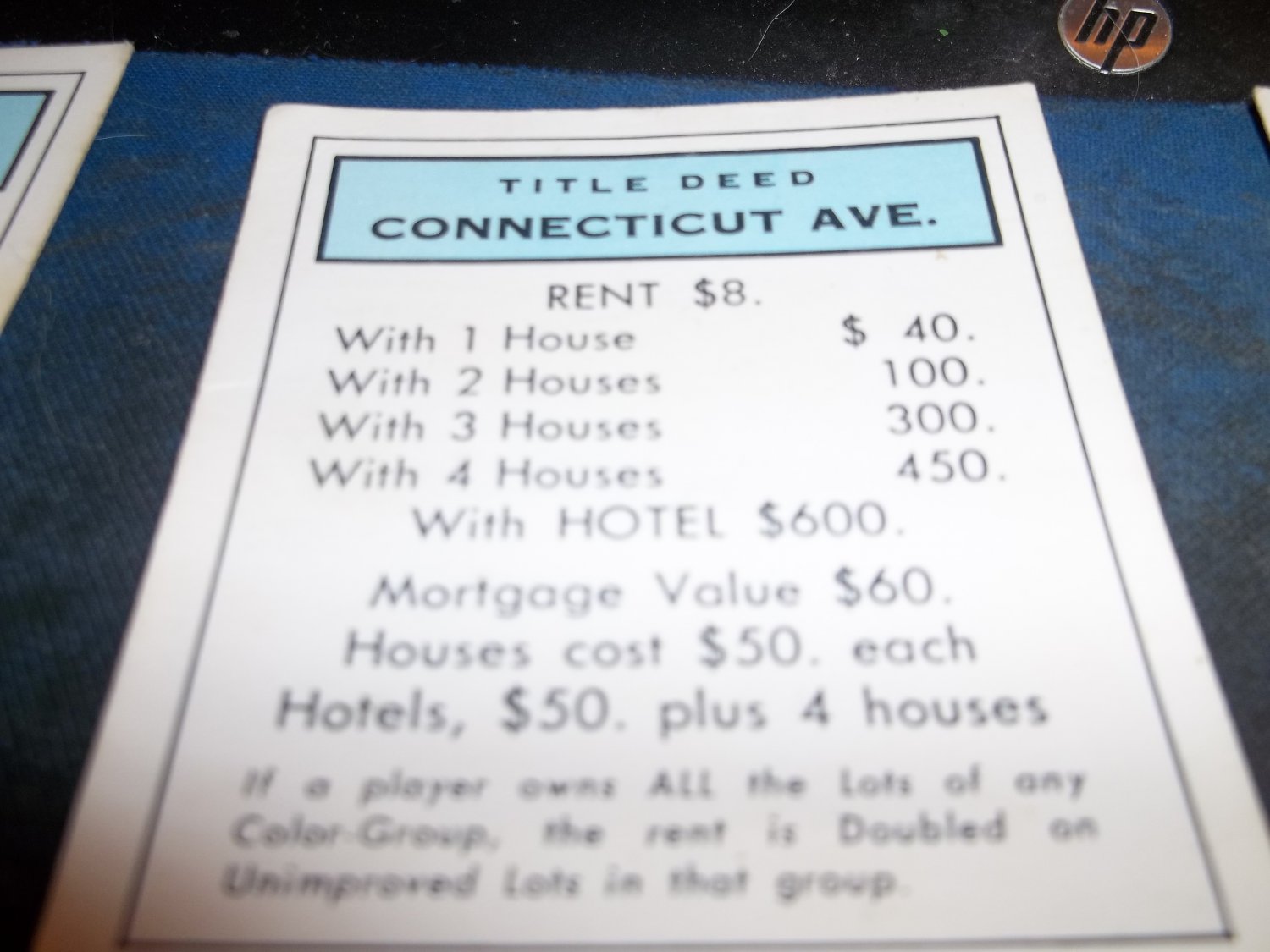 1974 Parker Brothers Monopoly Deed Card Connecticut Ave