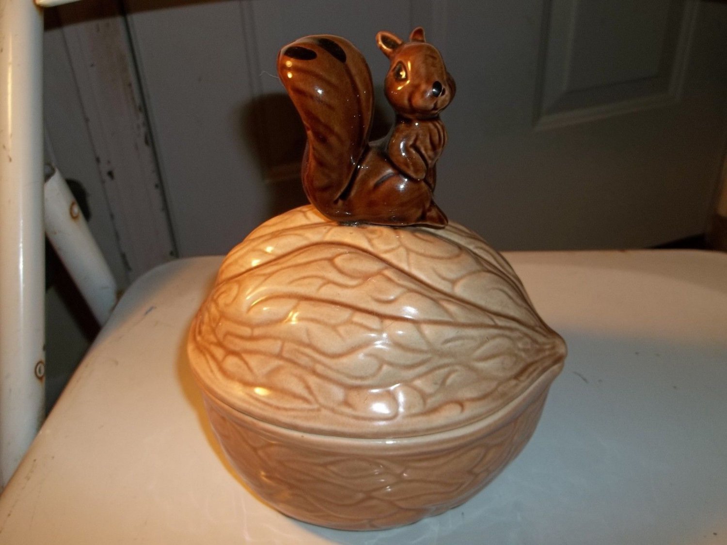 Cute Walnut Shaped Nut Dish With Squirrel on Lid Dish Has Been Repaired